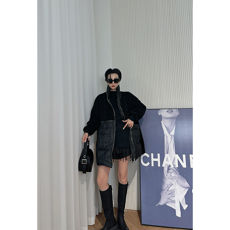 Dan Dan 黑色拼接羽绒服女 秋冬加厚保暖毛毛外套