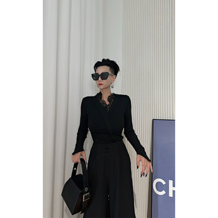 Dan 女 黑色V领蕾丝拼接针织衫