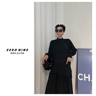 显气质高领毛衫 中长款 黑色花朵刺绣流苏毛衣女 Dan