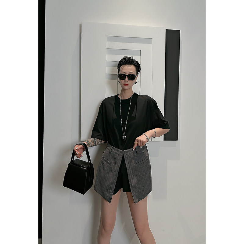 Dan Dan 黑色圆领短袖连衣裙女 自带短裤拼接假俩件裙子