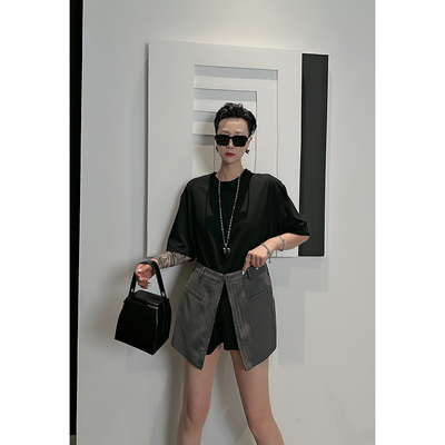Dan Dan 黑色圆领短袖连衣裙女 自带短裤拼接假俩件裙子