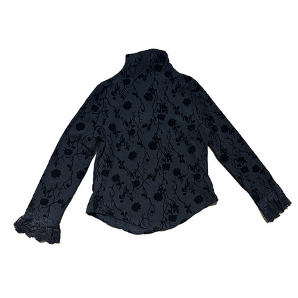 Dan Dan 黑色高领植绒印花上衣女 袖口花边显瘦百搭打底衫