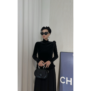 花朵丝绒上衣女 修身 Dan 黑色高领长袖