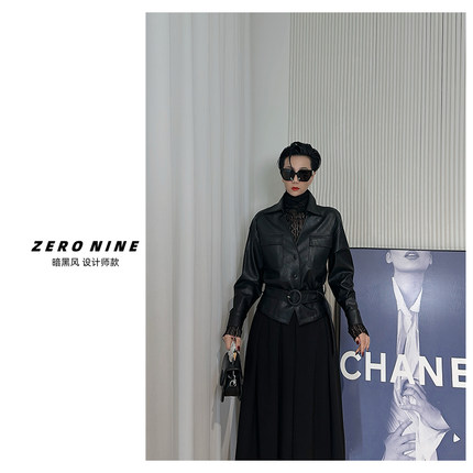 Dan Dan 暗黑风翻领蛋白皮衣女 系带机车短款皮外套