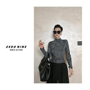 女 打底衫 通勤设计感潮流T恤上衣 灰色复古风半高领长袖 Dan