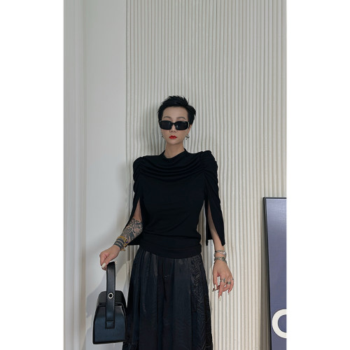 Dan Dan 披肩女王的新衣  黑色夏季新款法式五分袖T恤女