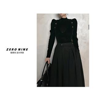 黑色显气质金扣长袖 打底衫 针织衫 高领泡泡袖 女 Dan