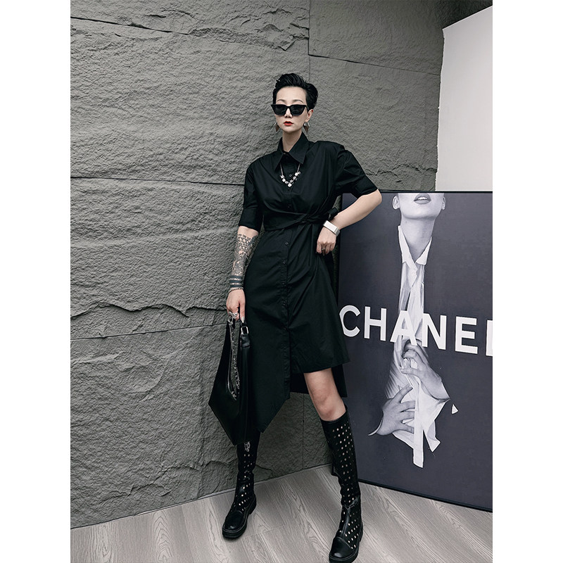 【蛋爷精选】黑色Polo领短袖连衣裙女夏季新款薄款收腰简约衬衫裙