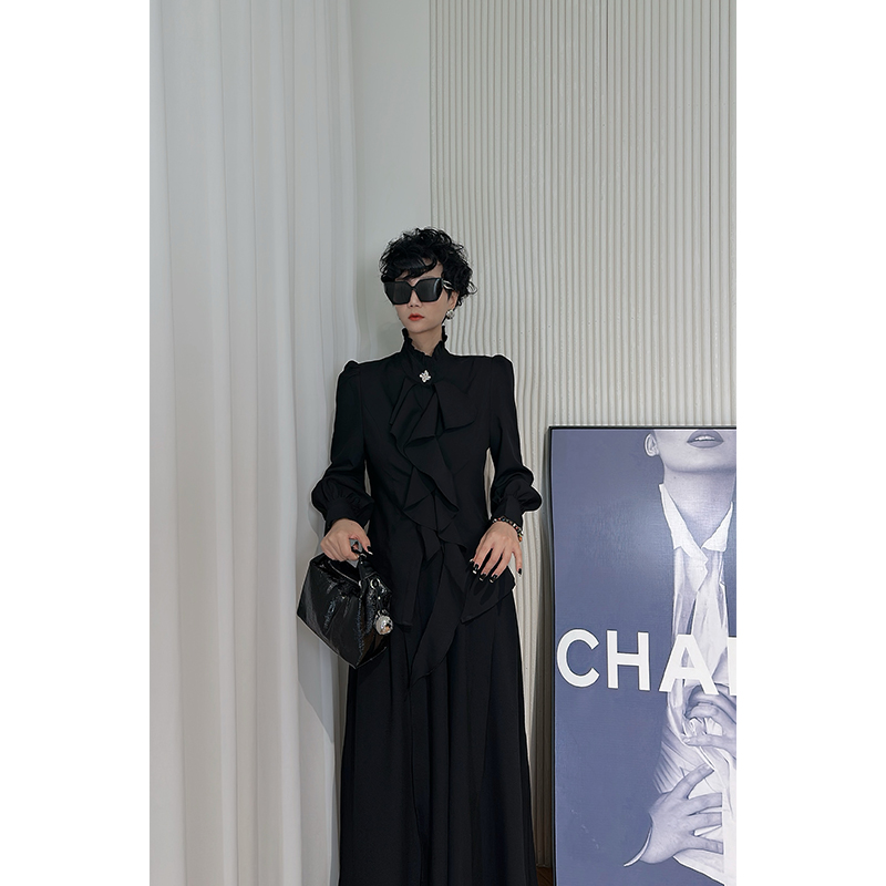 Dan Dan 黑色荷叶边立领长袖衬衫女 法式宫廷风复古高级感衬衣