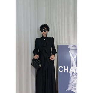 法式 Dan 女 衬衫 宫廷风复古高级感衬衣 黑色荷叶边立领长袖