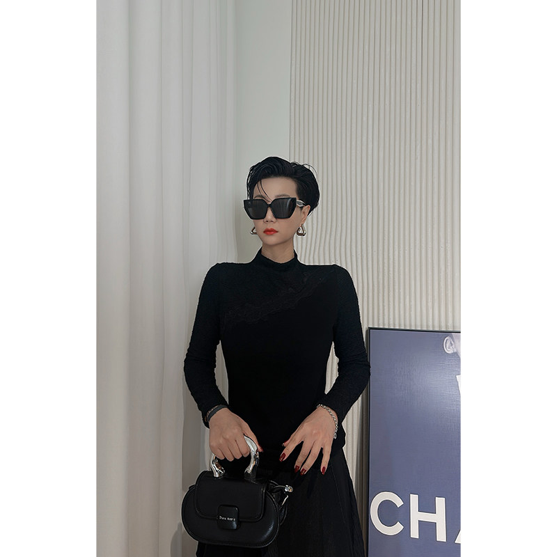 Dan Dan 黑色拼接设计感高领针织衫女 修身长袖高级感暗黑风上衣