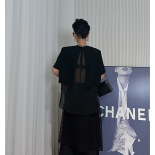 Dan 女 黑色假俩件下摆网纱拼接衬衫