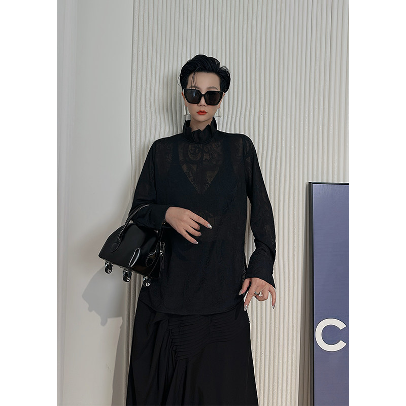 Dan Dan 黑色暗纹腰果花长袖衬衫女 薄款衬衣