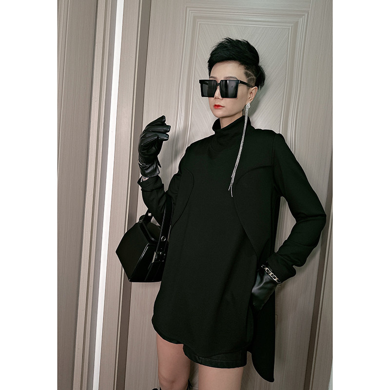 蛋爷法式黑色卫衣女春季新款高级感不对称长袖半高领气质显瘦上衣