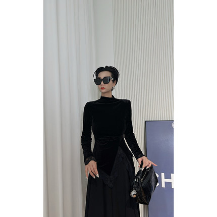 Dan Dan 黑色高领长袖修身针织衫女  设计感不对称蕾丝拼接上衣