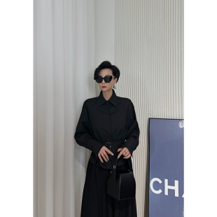 长袖 女 宽松翻领通勤上衣 暗黑风黑色半拉链衬衫 Dan