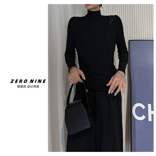 肩膀镶钻修身 Dan 女 针织衫 上衣 黑色高领长袖