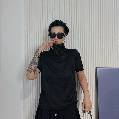 Dan Dan 夏季新款黑色堆堆领提花短袖上衣女