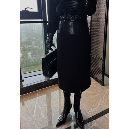 蛋爷  法式黑色半身裙女春季新款高级感高腰显瘦长裙拼接A字裙子