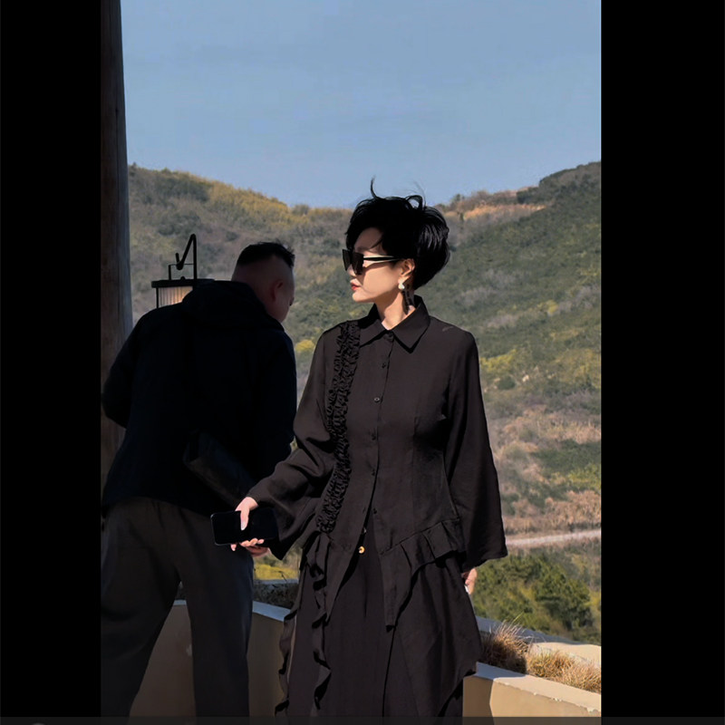 Dan Dan 暗黑山本风中褶皱拼接设计感小众衬衫女