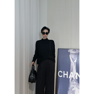 保暖外穿针织衫 长袖 上衣 慵懒风黑色高领铆钉毛衣女 Dan