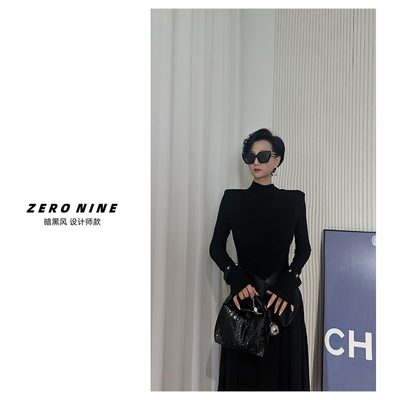 Dan Dan 暗黑风黑色高领打底衫女 高级感修身下摆拼皮长袖上衣