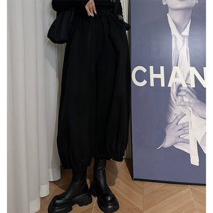 加厚九分裤 Dan 松紧腰毛呢灯笼裤 女 暗黑风黑色阔腿裤