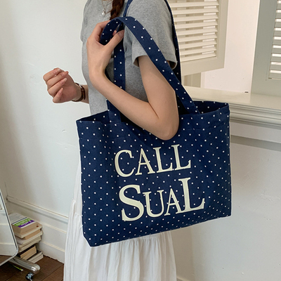 黑白波点帆布托特包大容量通勤包