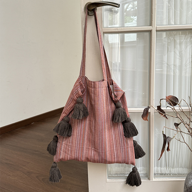 泰国棉麻流苏包条纹单肩包帆布包
