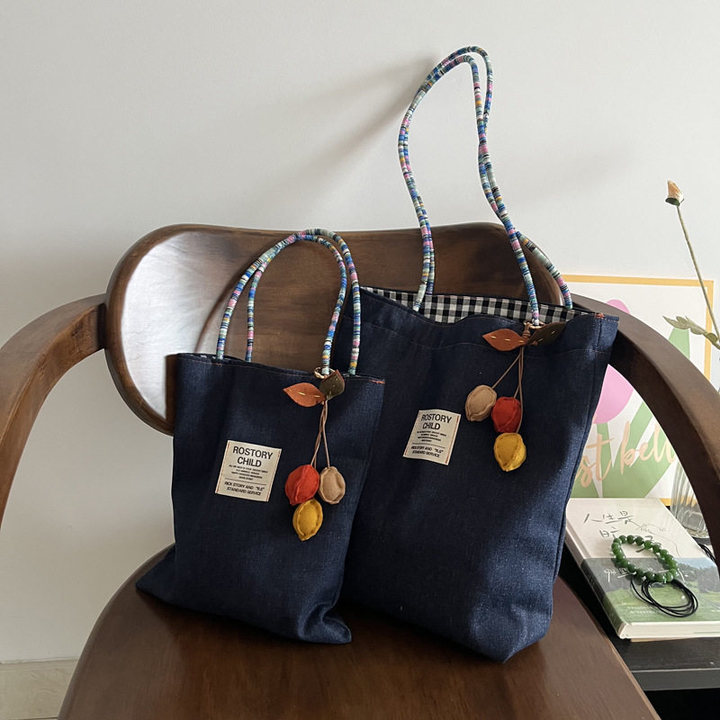 美式双面包格子牛仔帆布包百搭通勤托特包两面可用复古撞色手拎包
