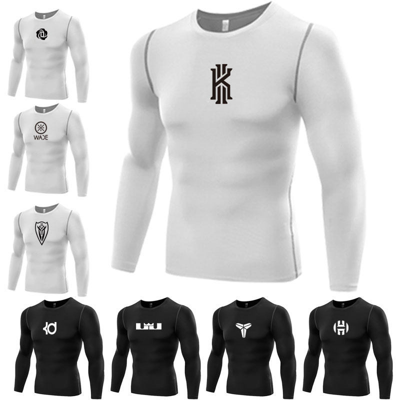 库里紧身衣 长袖男篮球足球打底训练速干T恤健身服弹力运动上衣白