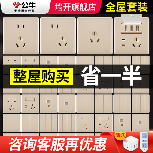公牛开关面板五孔暗装usb金色