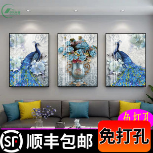 沙发背景墙壁画餐厅墙面三联画挂画大气孔雀画 客厅装 饰画简欧欧式