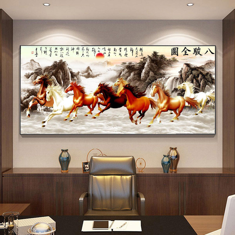 八骏图客厅挂画国画办公室沙发背景万马奔腾装饰画骏马图壁画