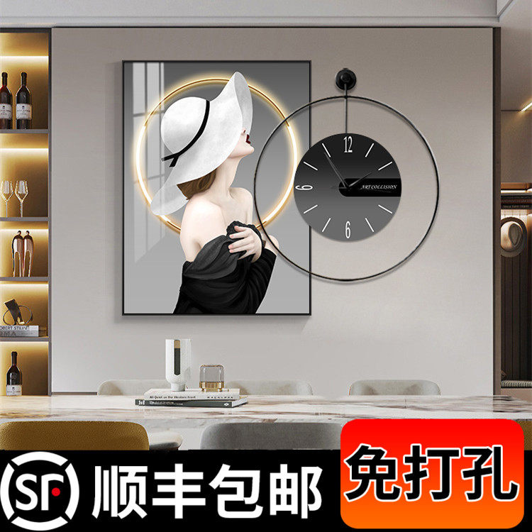 现代轻奢餐厅装饰画钟表壁画高档饭厅组合墙画客厅餐桌背景墙挂画