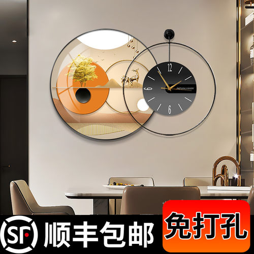 高档餐厅装饰画轻奢饭厅带钟表挂画厨房餐桌背景墙画客厅圆形壁画