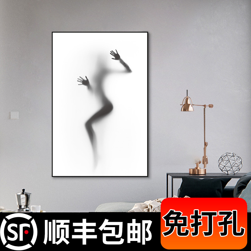 现代极简黑白灰抽象装饰画人物美女小众挂画素描简约客厅卧室壁画图片