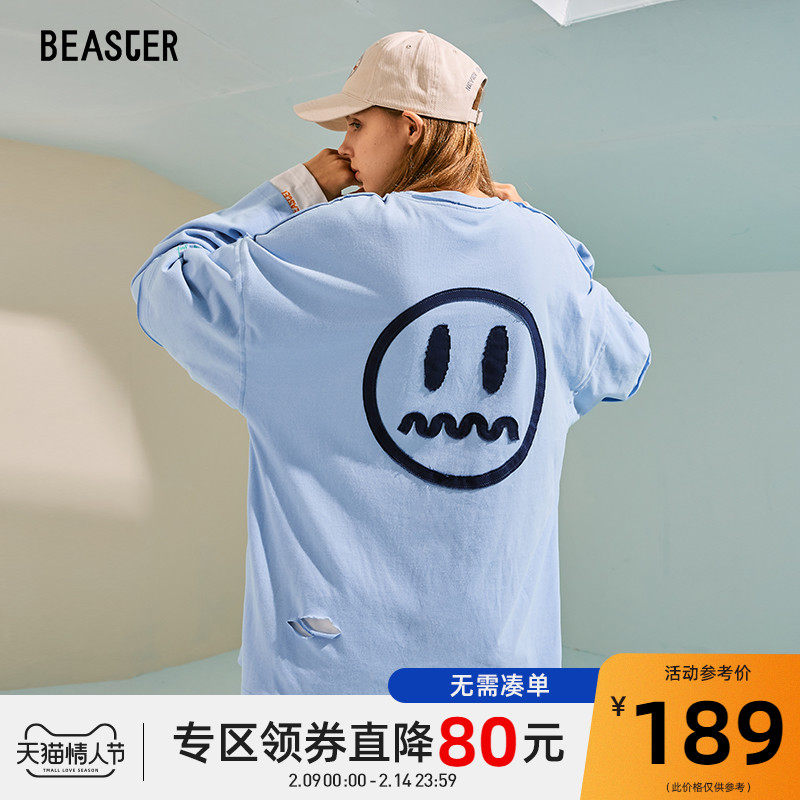 BEASTER小恶魔笑脸长袖T恤潮流鬼脸字母印花潮牌宽松假两件体恤潮
