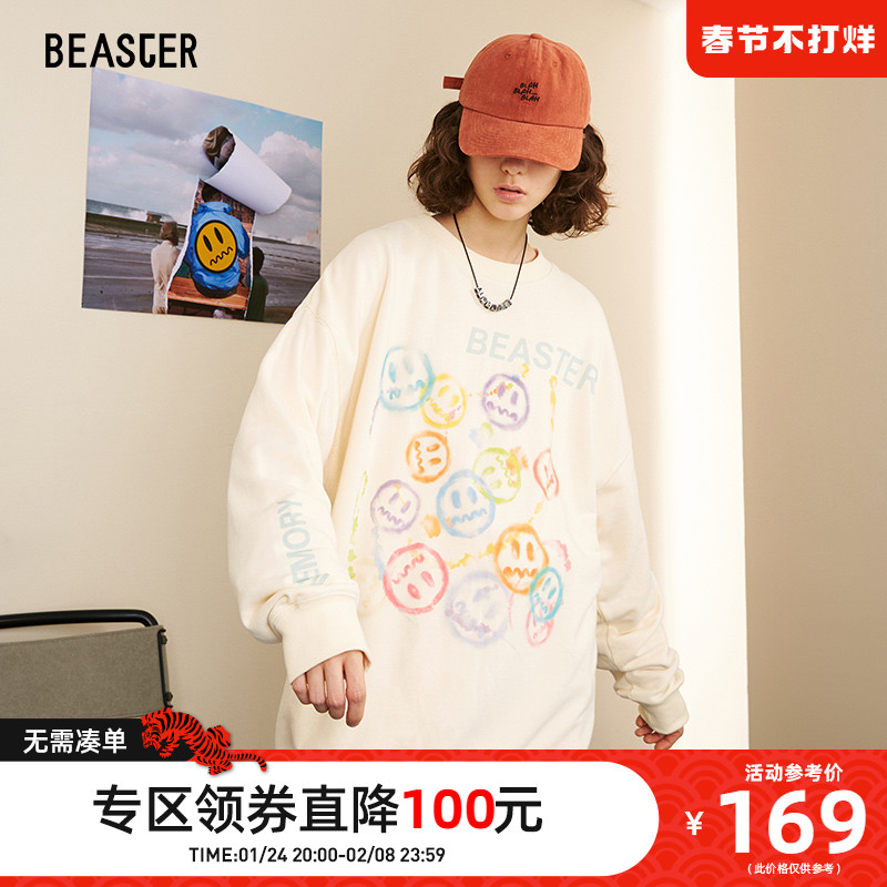 BEASTER小恶魔笑脸套头舒适潮宽松印花字母图案针织圆领长袖卫衣