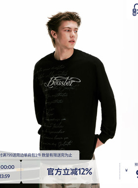 BEASTER花体印花长袖T恤男美式新款纯棉透气宽松圆领情侣黑色上衣