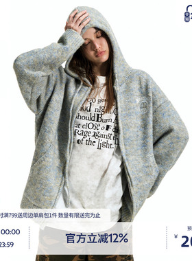 BEASTER鬼脸刺绣图案连帽针织开衫男秋季新款宽松复古毛衣外套女