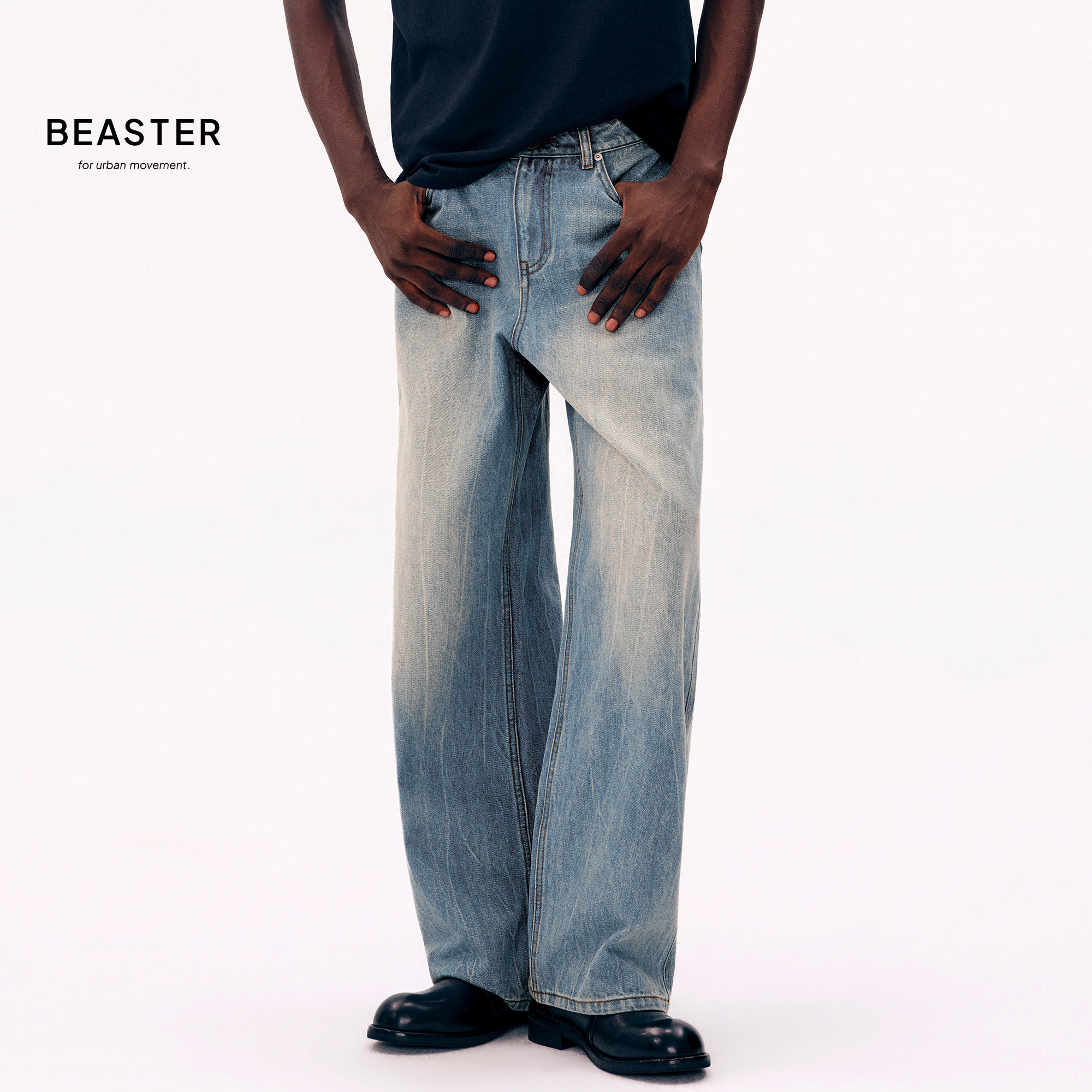 BEASTER「竹节纹理」水洗猫须扎花工艺牛仔长裤图片
