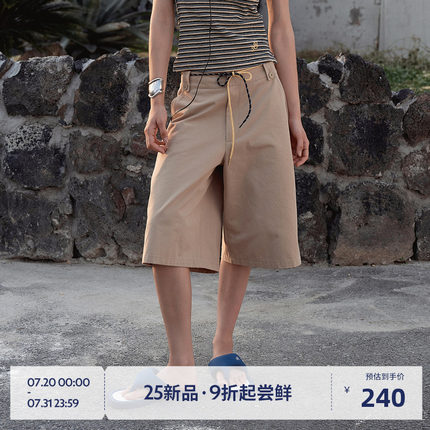 BEASTER卡其色休闲短裤薄女2025夏日度假工装风刺绣百搭五分裤子