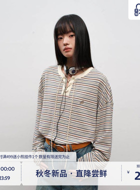 BEASTER高级刺绣条纹绑带t恤长袖男2025新款冬季内搭情侣上衣女