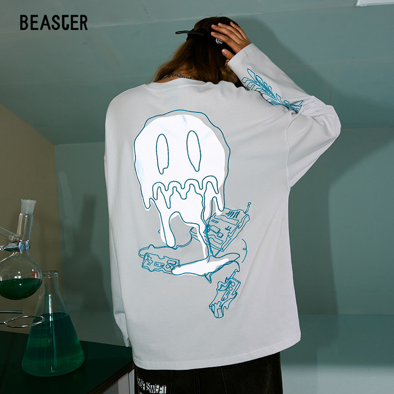 BEASTER little devil smiley face long-sleeved T-shirt lovers grimace letter printing tide brand loose cotton t-shirt tide