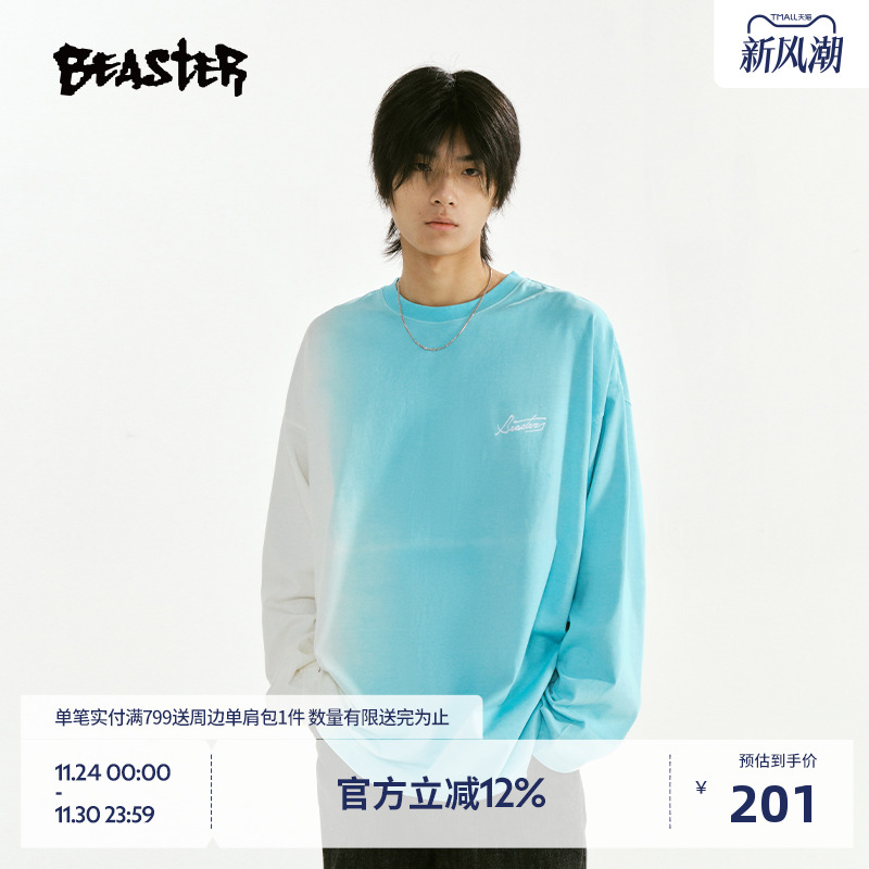 BEASTER鬼脸印花渐变长袖T恤夏季新款纯棉美式休闲情侣圆领上衣