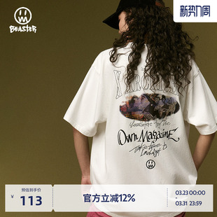 情侣装 BEASTER字母印花短袖 白色纯棉国潮上衣美式 新款 t恤男夏季