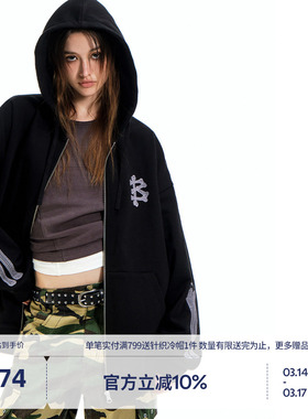 BEASTER刺绣图案针织连帽开衫卫衣男美式潮流秋季新款黑色外套