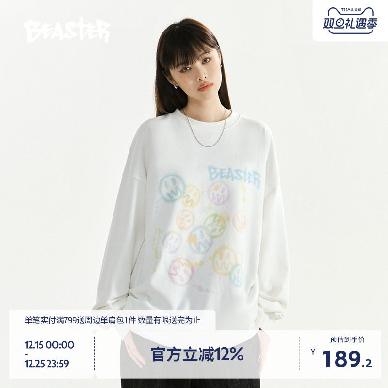 【商场同款】BEASTER彩色鬼脸印花卫衣新品情侣休闲美式圆领上衣