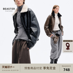 BEASTER「90s油蜡PU」复古做旧油蜡pu皮宽松夹克3m新雪丽棉服